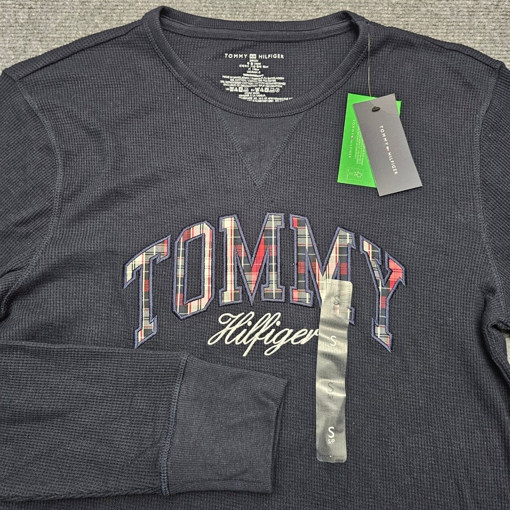 Tommy Hilfiger Thermal Shirt Mens Plaid Logo Waffle Knit‎ Long Sleeve Navy S